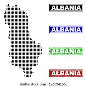Vector dot abstract Albania map and isolated clean black, grunge red, blue, green stamp seals. Albania map tag inside draft framed rectangles and with grunge rubber texture.