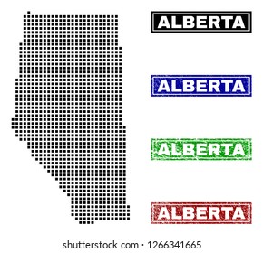 Vector dot abstract Alberta Province map and isolated clean black, grunge red, blue, green stamp seals. Alberta Province map label inside rough framed rectangles and with grunge rubber texture.