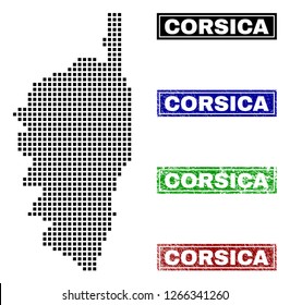 Vector dot abstract Corsica map and isolated clean black, grunge red, blue, green stamp seals. Corsica map label inside rough framed rectangles and with grunge rubber texture.