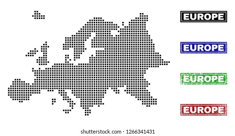 Vector dot abstract Europe map and isolated clean black, grunge red, blue, green stamp seals. Europe map caption inside rough framed rectangles and with grunge rubber texture.