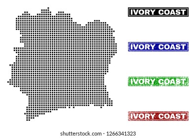 Vector dot abstract Ivory Coast map and isolated clean black, grunge red, blue, green stamp seals. Ivory Coast map name inside draft framed rectangles and with grunge rubber texture.
