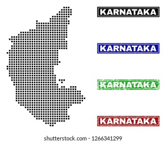Vector dot abstract Karnataka State map and isolated clean black, grunge red, blue, green stamp seals. Karnataka State map tag inside rough framed rectangles and with grunge rubber texture.