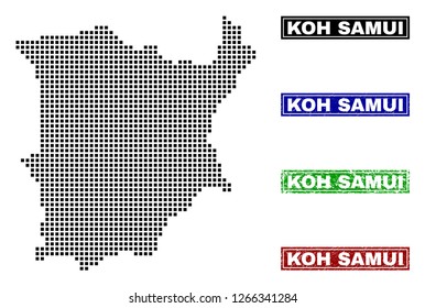 Vector dot abstract Koh Samui map and isolated clean black, grunge red, blue, green stamp seals. Koh Samui map name inside rough framed rectangles and with grunge rubber texture.