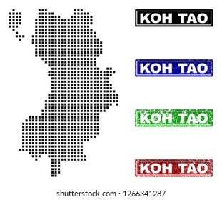Vector dot abstract Koh Tao map and isolated clean black, grunge red, blue, green stamp seals. Koh Tao map label inside rough framed rectangles and with grunge rubber texture.