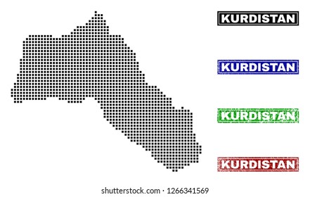 Vector dot abstract Kurdistan map and isolated clean black, grunge red, blue, green stamp seals. Kurdistan map tag inside rough framed rectangles and with grunge rubber texture.