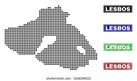 Vector dot abstract Lesbos Island map and isolated clean black, grunge red, blue, green stamp seals. Lesbos Island map tag inside draft framed rectangles and with grunge rubber texture.