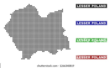 Vector dot abstract Lesser Poland Voivodeship map and isolated clean black, grunge red, blue, green stamp seals.