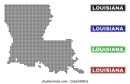 Vector dot abstract Louisiana State map and isolated clean black, grunge red, blue, green stamp seals. Louisiana State map label inside draft framed rectangles and with unclean rubber texture.