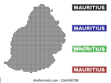 Vector dot abstract Mauritius Island map and isolated clean black, grunge red, blue, green stamp seals. Mauritius Island map caption inside draft framed rectangles and with grunge rubber texture.