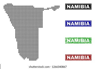 Vector dot abstract Namibia map and isolated clean black, grunge red, blue, green stamp seals. Namibia map title inside rough framed rectangles and with grunge rubber texture.