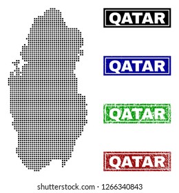 Vector dot abstract Qatar map and isolated clean black, grunge red, blue, green stamp seals. Qatar map caption inside draft framed rectangles and with unclean rubber texture.