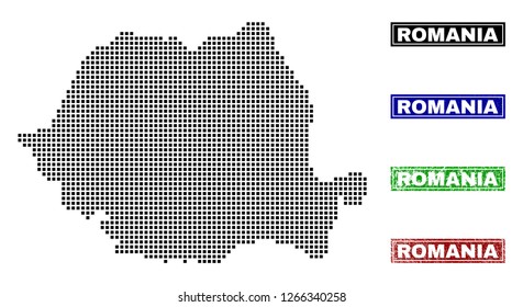 Vector dot abstract Romania map and isolated clean black, grunge red, blue, green stamp seals. Romania map tag inside draft framed rectangles and with grunge rubber texture.