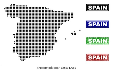 Vector dot abstract Spain map and isolated clean black, grunge red, blue, green stamp seals. Spain map name inside rough framed rectangles and with grunge rubber texture.