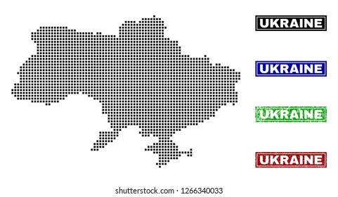 Vector dot abstract Ukraine map and isolated clean black, grunge red, blue, green stamp seals. Ukraine map name inside draft framed rectangles and with grunge rubber texture.
