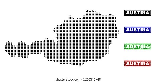 Vector dot abstracted Austria map and isolated clean black, grunge red, blue, green stamp seals. Austria map label inside draft framed rectangles and with grunge rubber texture.