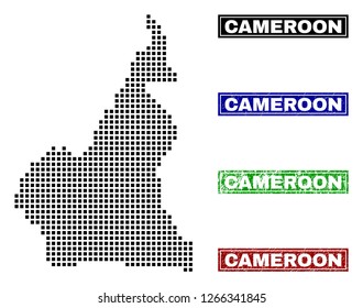 Vector dot abstracted Cameroon map and isolated clean black, grunge red, blue, green stamp seals. Cameroon map name inside draft framed rectangles and with grunge rubber texture.