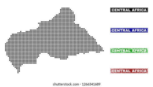 Vector dot abstracted Central African Republic map and isolated clean black, grunge red, blue, green stamp seals.