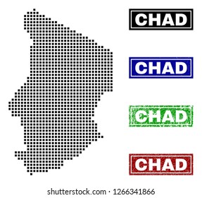 Vector dot abstracted Chad map and isolated clean black, grunge red, blue, green stamp seals. Chad map tag inside rough framed rectangles and with grunge rubber texture.