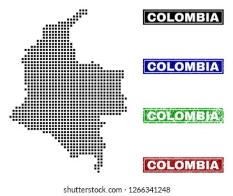 Vector dot abstracted Colombia map and isolated clean black, grunge red, blue, green stamp seals. Colombia map name inside draft framed rectangles and with distress rubber texture.