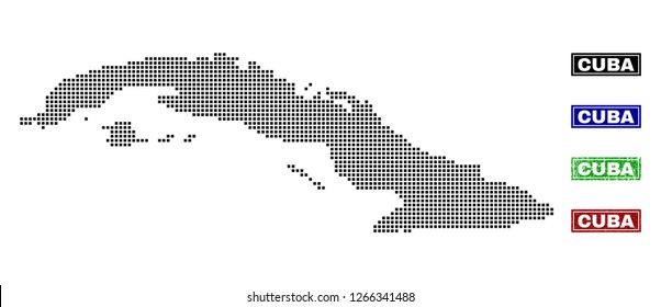 Vector dot abstracted Cuba map and isolated clean black, grunge red, blue, green stamp seals. Cuba map name inside rough framed rectangles and with grunge rubber texture.