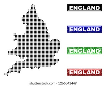 Vector dot abstracted England map and isolated clean black, grunge red, blue, green stamp seals. England map name inside rough framed rectangles and with grunge rubber texture.