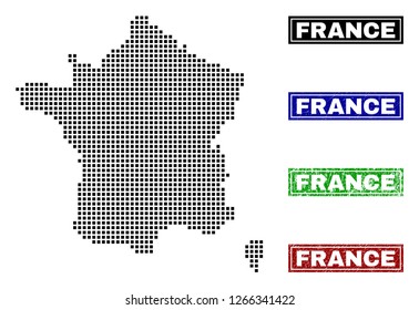 Vector dot abstracted France map and isolated clean black, grunge red, blue, green stamp seals. France map label inside rough framed rectangles and with grunge rubber texture.
