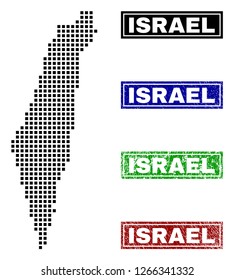 Vector dot abstracted Israel map and isolated clean black, grunge red, blue, green stamp seals. Israel map name inside rough framed rectangles and with grunge rubber texture.