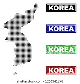 Vector dot abstracted Korea map and isolated clean black, grunge red, blue, green stamp seals. Korea map tag inside draft framed rectangles and with grunge rubber texture.
