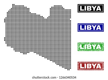 Vector dot abstracted Libya map and isolated clean black, grunge red, blue, green stamp seals. Libya map name inside draft framed rectangles and with grunge rubber texture.