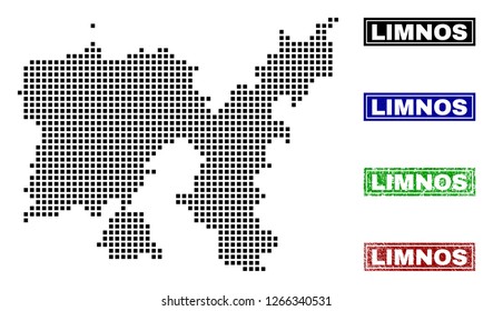 Vector dot abstracted Limnos Island map and isolated clean black, grunge red, blue, green stamp seals. Limnos Island map name inside draft framed rectangles and with corroded rubber texture.