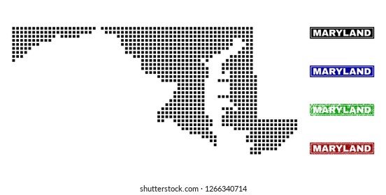 Vector dot abstracted Maryland State map and isolated clean black, grunge red, blue, green stamp seals. Maryland State map name inside rough framed rectangles and with grunge rubber texture.