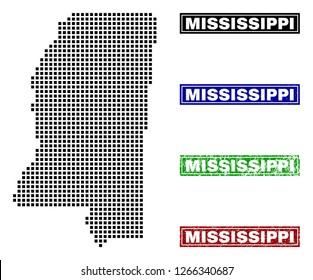 Vector dot abstracted Mississippi State map and isolated clean black, grunge red, blue, green stamp seals. Mississippi State map caption inside rough framed rectangles and with grunge rubber texture.