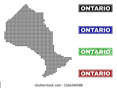 Vector dot abstracted Ontario Province map and isolated clean black, grunge red, blue, green stamp seals. Ontario Province map label inside rough framed rectangles and with grunge rubber texture.