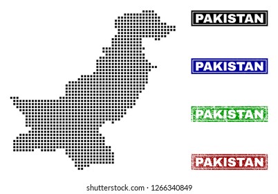 Vector dot abstracted Pakistan map and isolated clean black, grunge red, blue, green stamp seals. Pakistan map caption inside rough framed rectangles and with grunge rubber texture.
