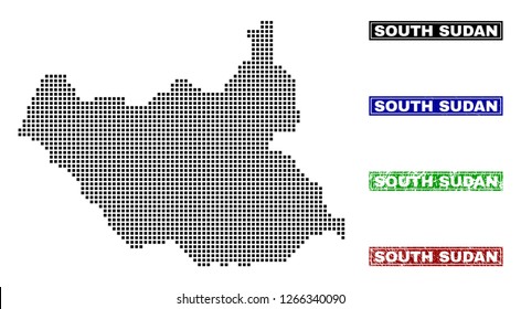 Vector dot abstracted South Sudan map and isolated clean black, grunge red, blue, green stamp seals. South Sudan map label inside rough framed rectangles and with grunge rubber texture.
