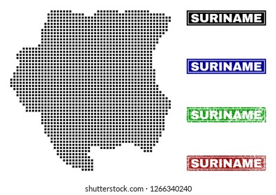Vector dot abstracted Suriname map and isolated clean black, grunge red, blue, green stamp seals. Suriname map caption inside draft framed rectangles and with grunge rubber texture.