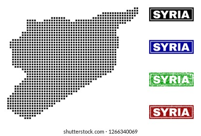 Vector dot abstracted Syria map and isolated clean black, grunge red, blue, green stamp seals. Syria map tag inside draft framed rectangles and with grunge rubber texture.