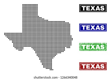 Vector dot abstracted Texas State map and isolated clean black, grunge red, blue, green stamp seals. Texas State map caption inside rough framed rectangles and with grunge rubber texture.