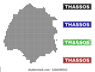 Vector dot abstracted Thassos Island map and isolated clean black, grunge red, blue, green stamp seals. Thassos Island map title inside draft framed rectangles and with grunge rubber texture.