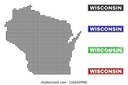 Vector dot abstracted Wisconsin State map and isolated clean black, grunge red, blue, green stamp seals. Wisconsin State map label inside rough framed rectangles and with grunge rubber texture.