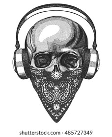 Vector Dot Art Skull In Scarf And Headphones