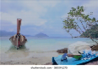 vector dot , beautiful hat , sunglasses and boat with tropical sea background