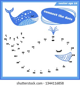 Vector dot to dot connect game for children with funny bright whale. Preschool game for kids. Printable file. Educational programm. Numbers and counting training.Coloring boor work sheet.