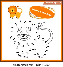 Vector dot to dot connect game for children with funny bright  lion. Preschool game for kids. Printable file. Educational programm. Numbers and counting training.Coloring boor work sheet.