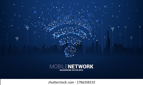 Vector dot connect line circuit board style mobile data icon with city background. Concept for data transfer of mobile and wi-fi data network.