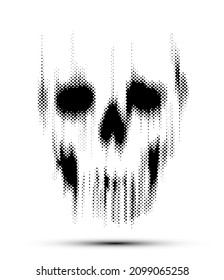 Vector dot halftone vertical motion blur smear scary skull on white background.