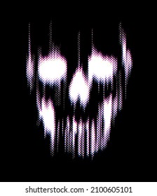 Vector dot halftone vertical motion blur smear scary skull on black background.