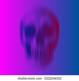 Vector dot halftone vertical motion blur smear scary skull isolated pink and blue vaporwave style background.