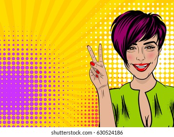 Vector dot illustration. Beautiful sexy positive pop art girl show peace symbol two fingers, smile lips style pop art woman. Comic book colored halftone background. For text advertisement.