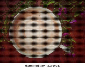 vector dot , latte art coffee in sun design on wooden vintage table